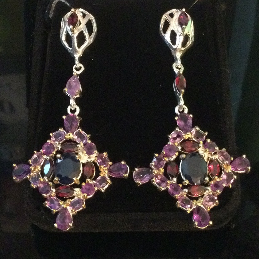 Stunning Genuine Sapphires With Garnets & Amethyst Earrings